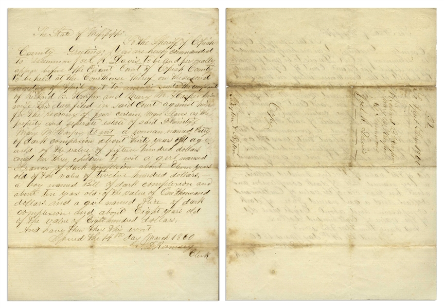 Lot of Seven 19th Century Slave Documents -- ''Bill of Sale'' for Slaves, Taxes Levied for Slave Property, Inventory List of Slaves, Court Order to Recover Slaves, Etc.
